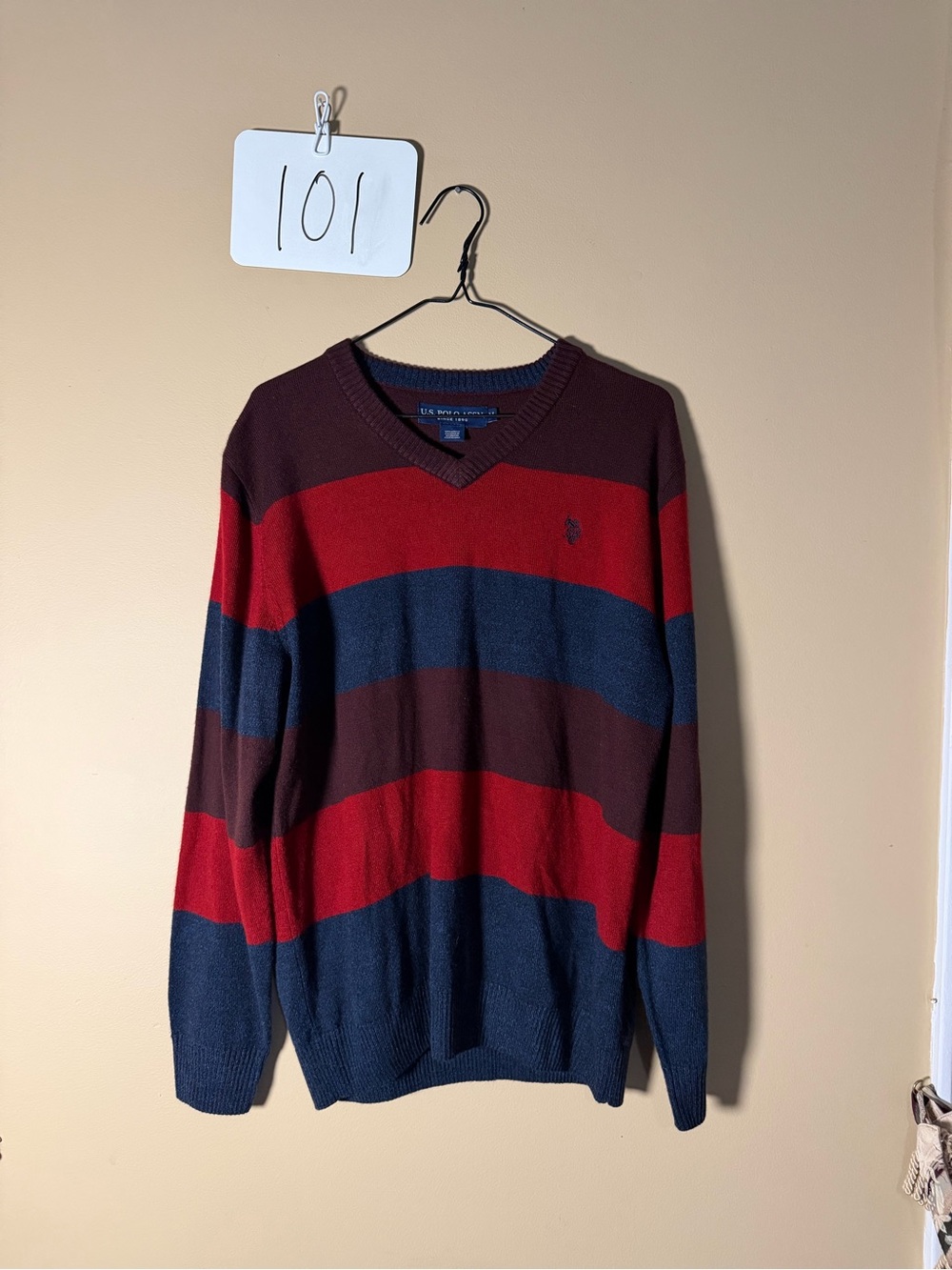 U.S. Polo Assn. Men’s V-Neck Striped Sweater - Red/Navy/Burgundy